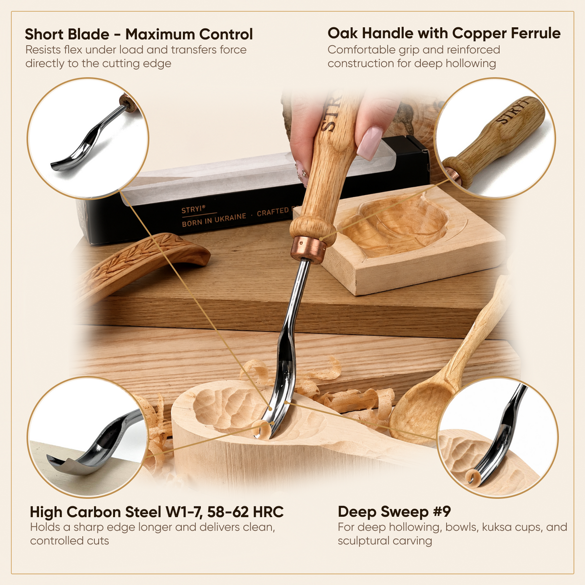 Curved Wood Chisel, Sweep #9, Short Bent Gouge — for Relief and Bowl Carving, Spoon Knife Making