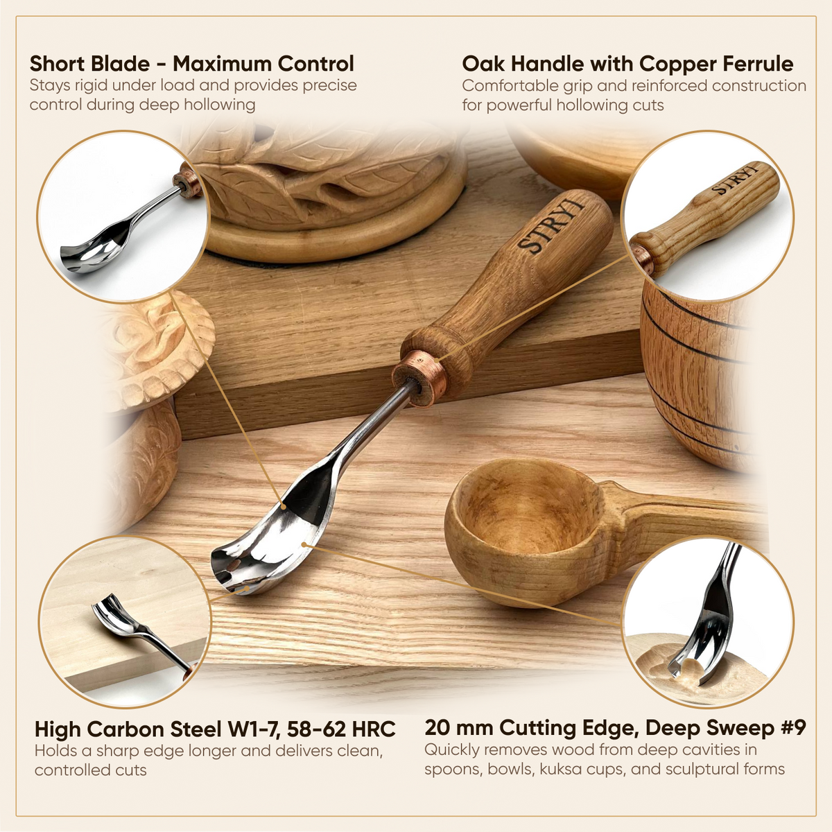 Curved Wood Chisel, Sweep #9, Short Bent Gouge — for Relief and Bowl Carving, Spoon Knife Making