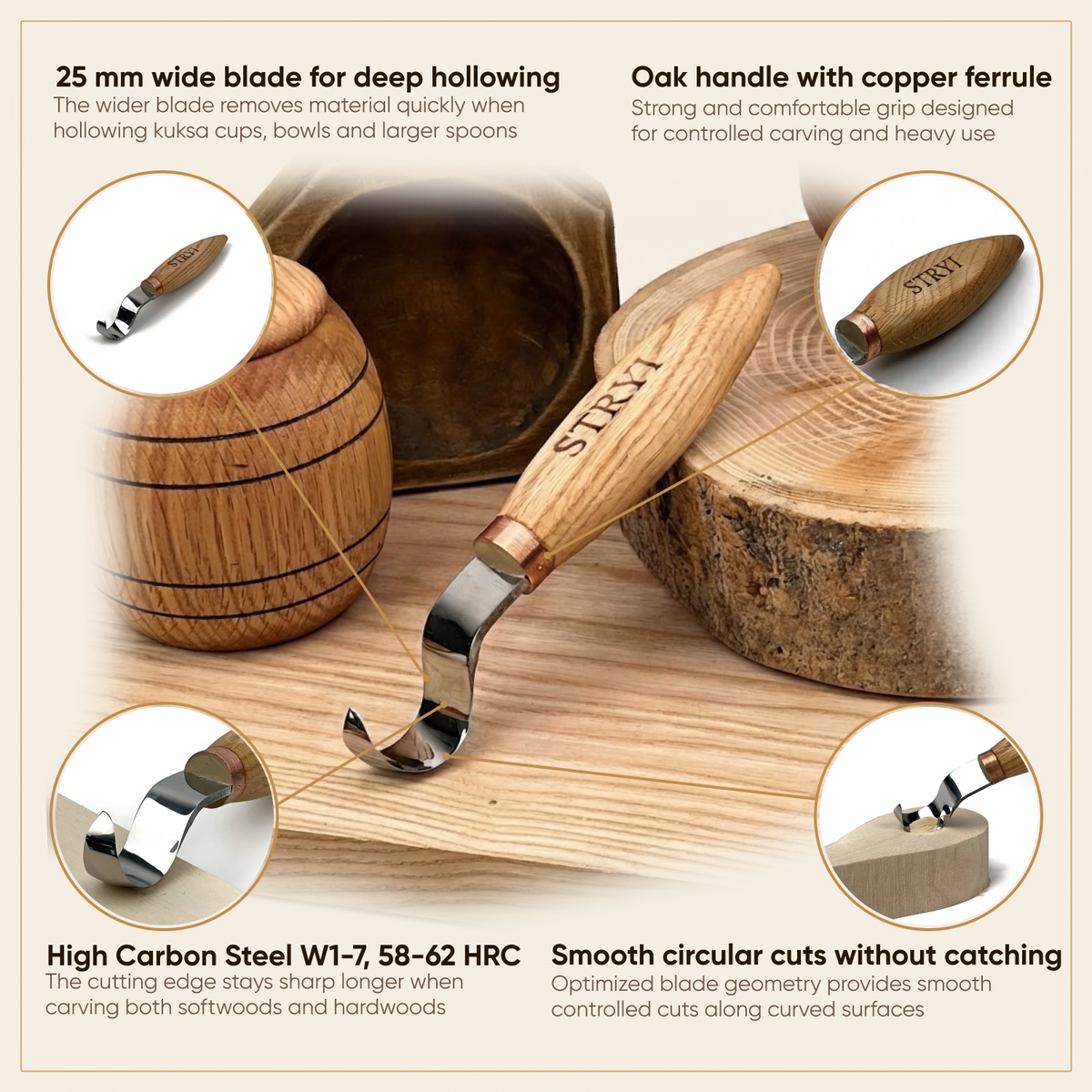 Hook Knife Wood Carving, 25mm, Hand Forged STRYI Profi — for Spoon, Bowl and Kuksa Carving