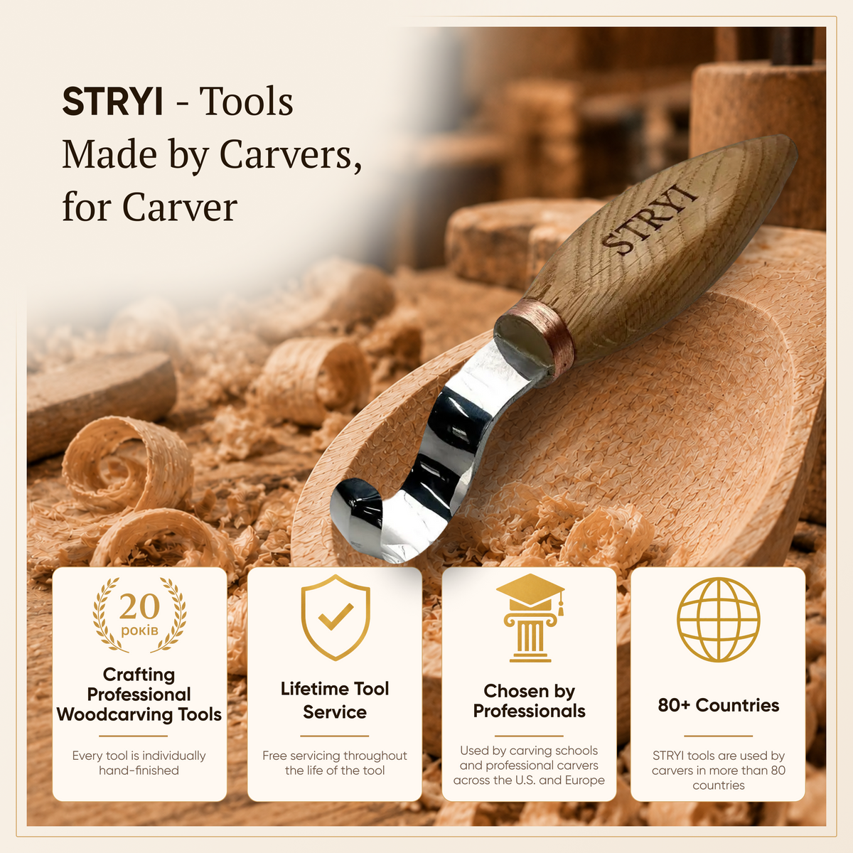 Double Bevel Hook Knife, 35mm STRYI Profi — for Spoon and Bowl Carving