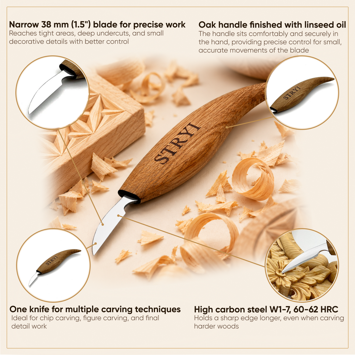 Carving Knife, 38mm Blade, Detailing Knife STRYI Profi — for Woodcarving