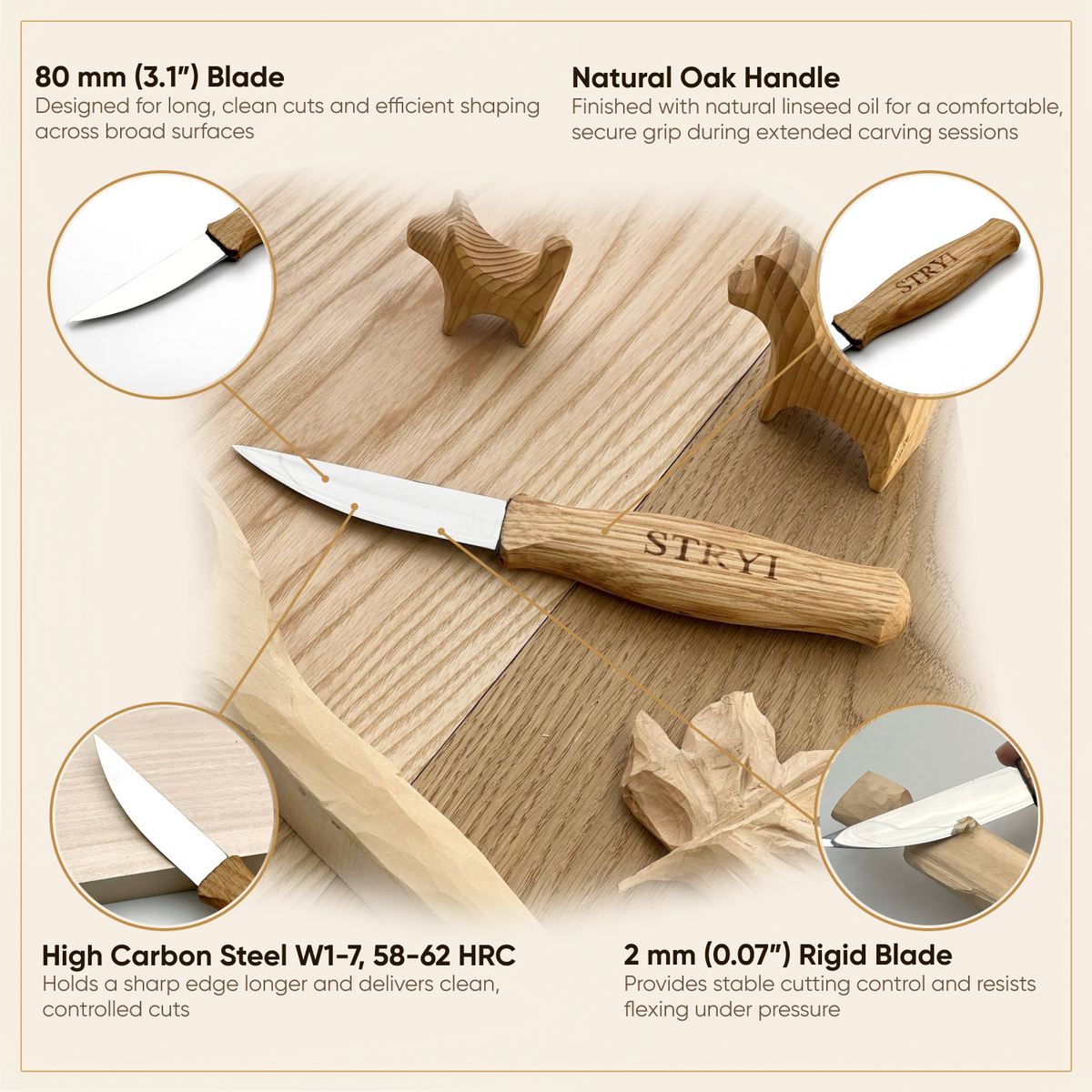 Wood Carving Knife, 80mm Blade, Sloyd Knife STRYI Profi — for Woodcarving