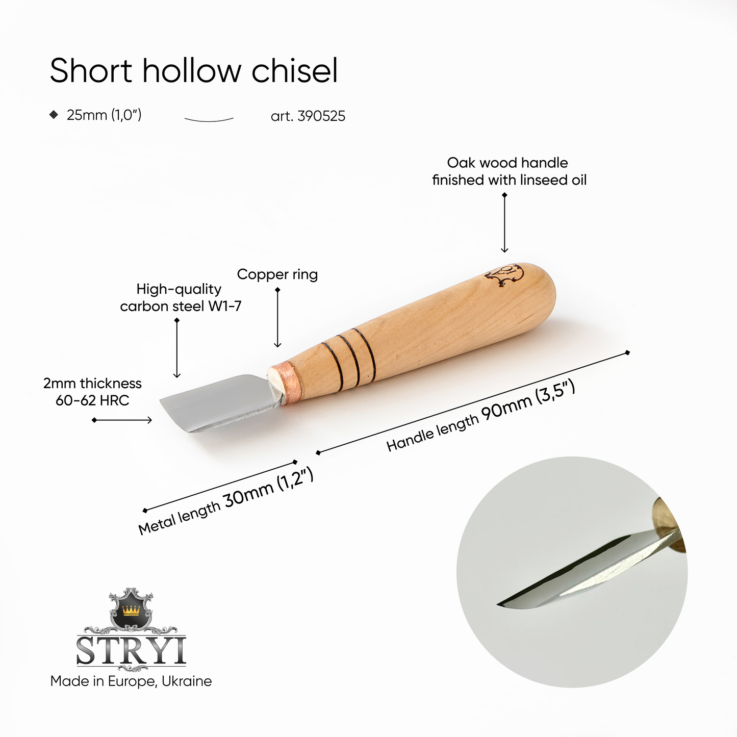 Short wood carving tools, sloping gouge STRYI-AY Profi, Relief carving tools