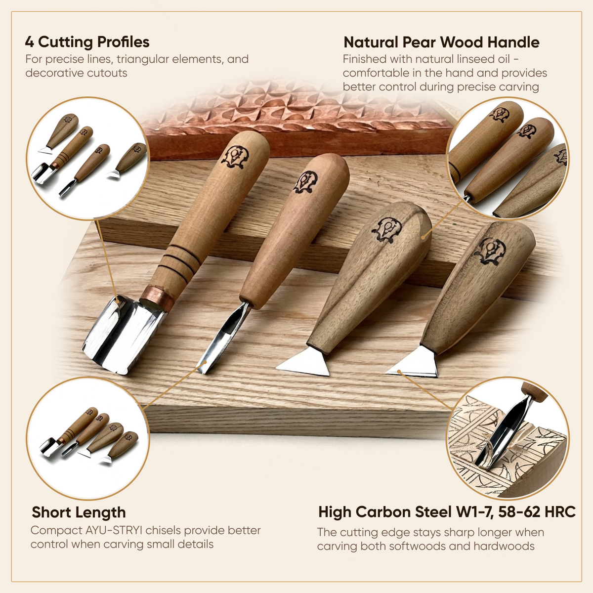 4-Piece Chip Carving Set for starter | Geometric patterns