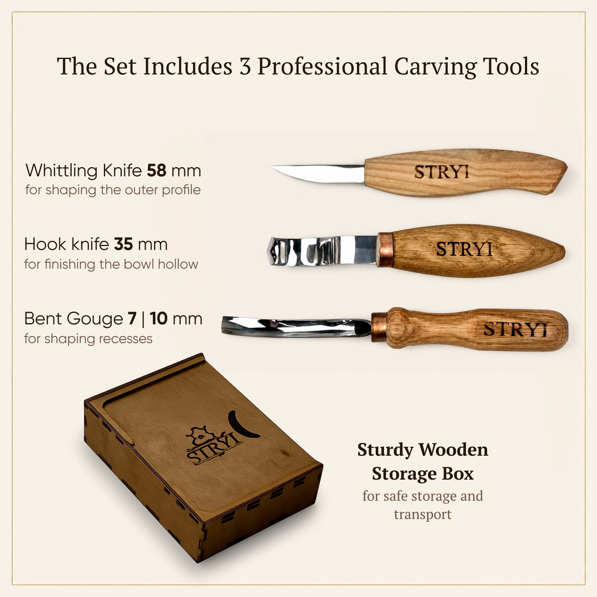 Bowl carving Set: 3-Piece STRYI Profi Spoon & Kuksa Carving Set