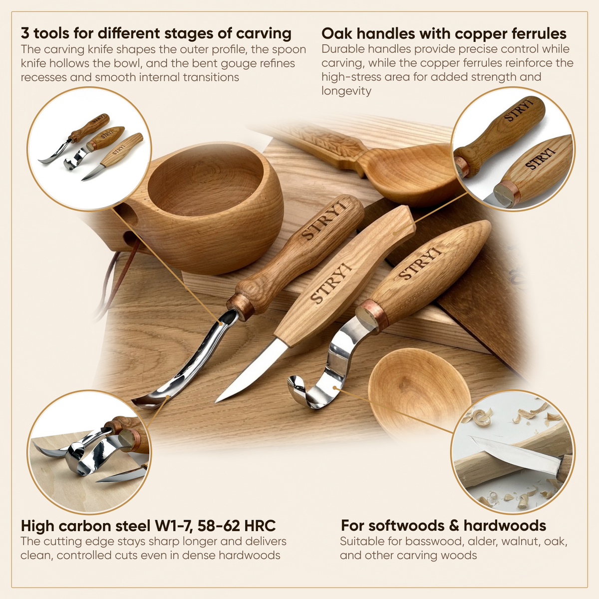 Bowl carving Set: 3-Piece STRYI Profi Spoon & Kuksa Carving Set