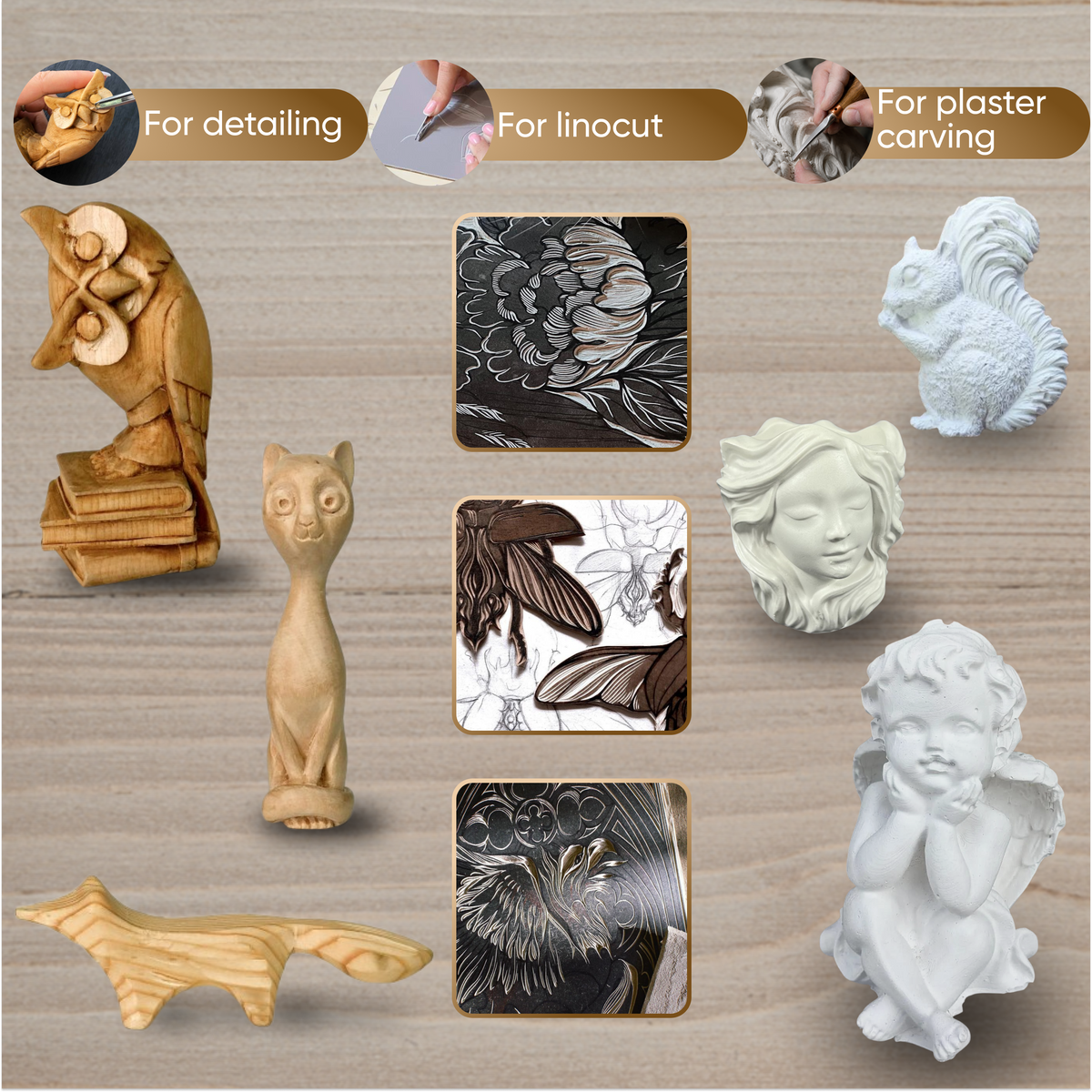 Fine Detail & Micro-Carving: 5-Piece Professional Detailed Relief Carving Palm Set