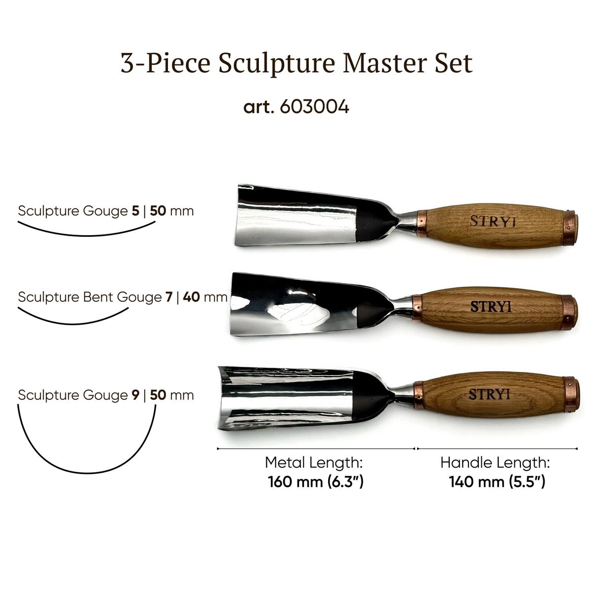 Sculpture tools set STRYI Profi 3pcs, Heavy-duty chisels set, Forged steel tools