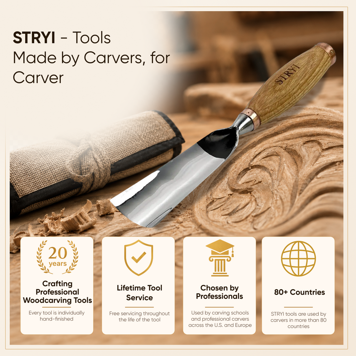 Sculpture tools set STRYI Profi 3pcs, Heavy-duty chisels set, Forged steel tools