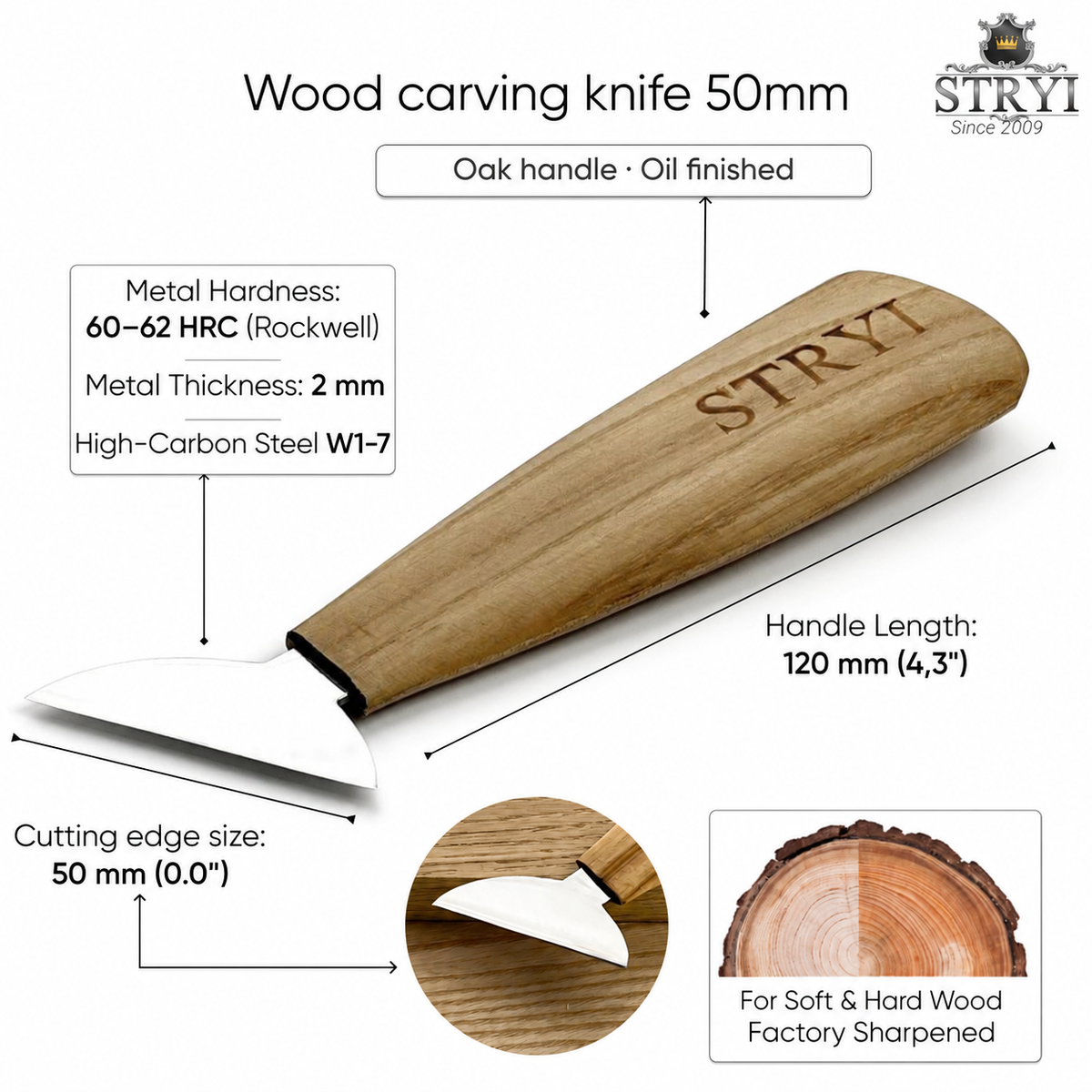 Chip Carving Knife, 50mm Blade, Carving Knife STRYI Profi — for Chip Carving Tools