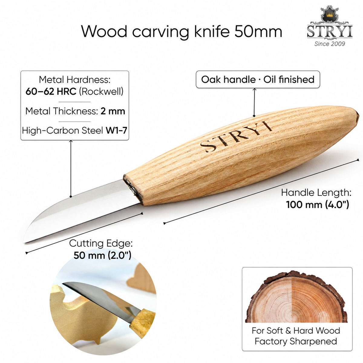 Carving Knife, 50mm Blade, Sloyd/Whittling Knife STRYI Profi — for Woodcarving