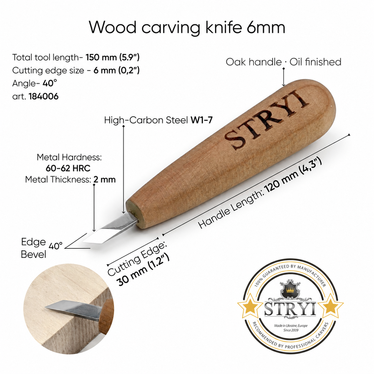 Wood Carving Knife, 6mm Blade, Short Skewed Detailing Knife STRYI — for Carving Tiny