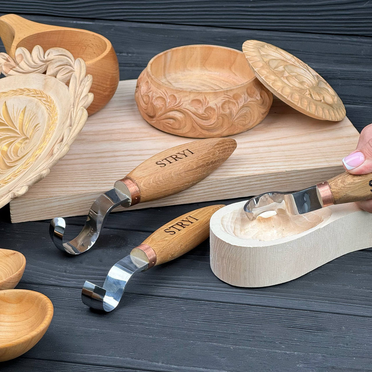 STRYI Profi 3-Piece Kuksa & Spoon Carving Hook Knife Set