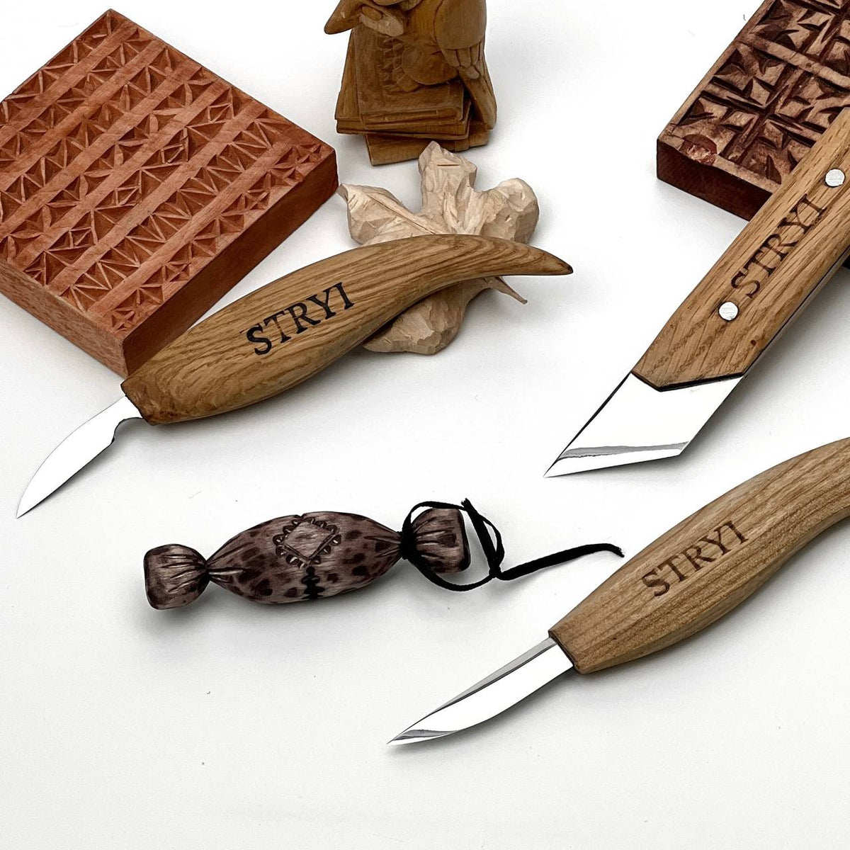 Wood Carving Knives set of 3pcs STRYI Profi in Wooden Storage Box