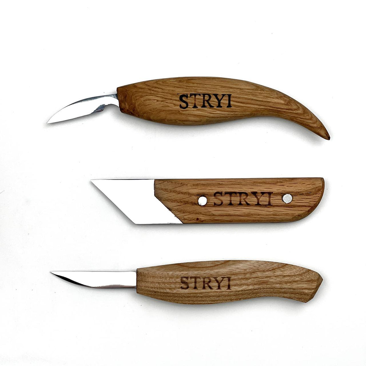 Wood Carving Knives set of 3pcs STRYI Profi in Wooden Storage Box
