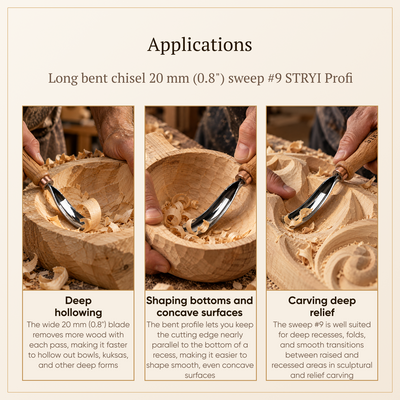 Bent Gouge Chisel, Sweep #9, STRYI Profi — for Relief and Bowl Carving