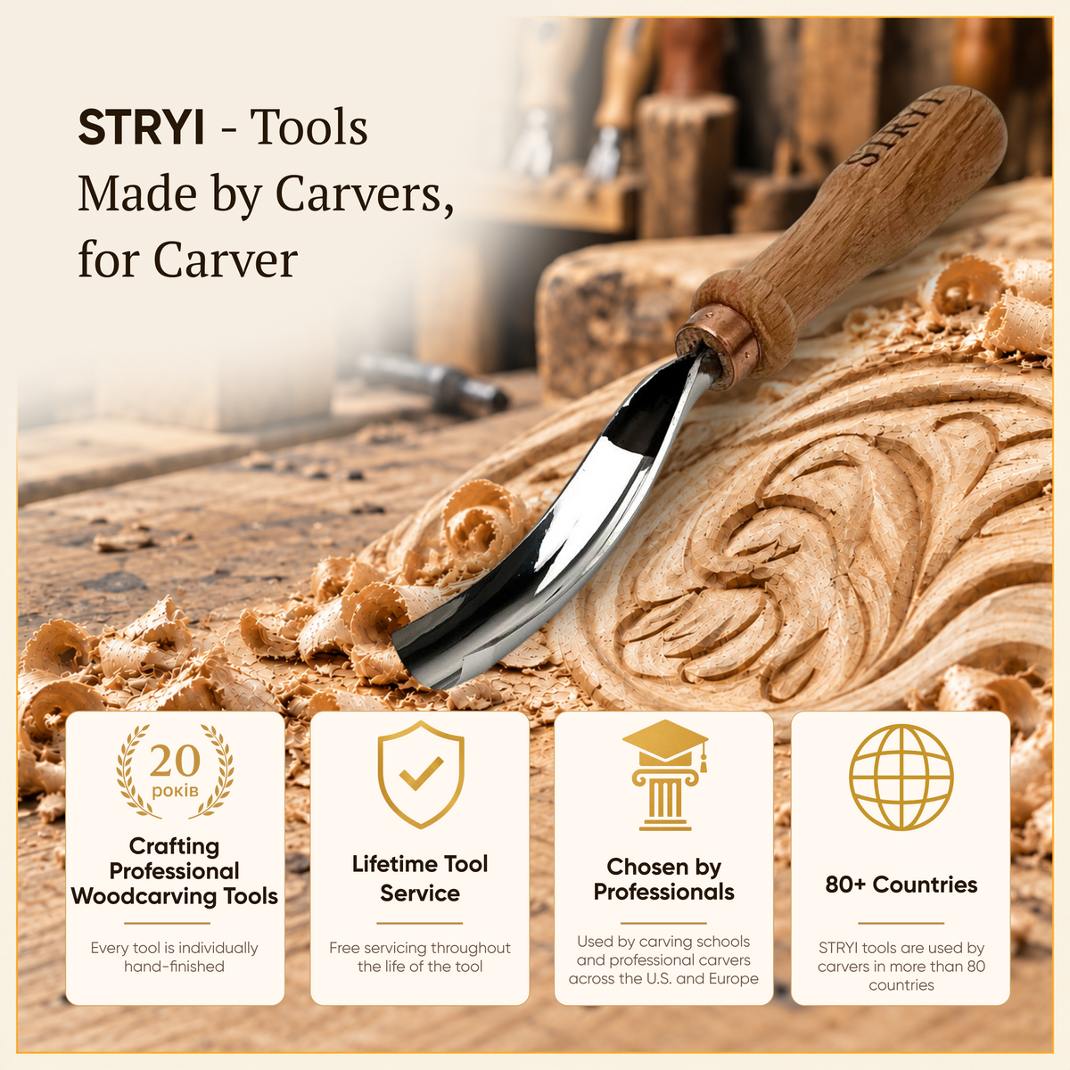 Bent Gouge Chisel, Sweep #9, STRYI Profi — for Relief and Bowl Carving