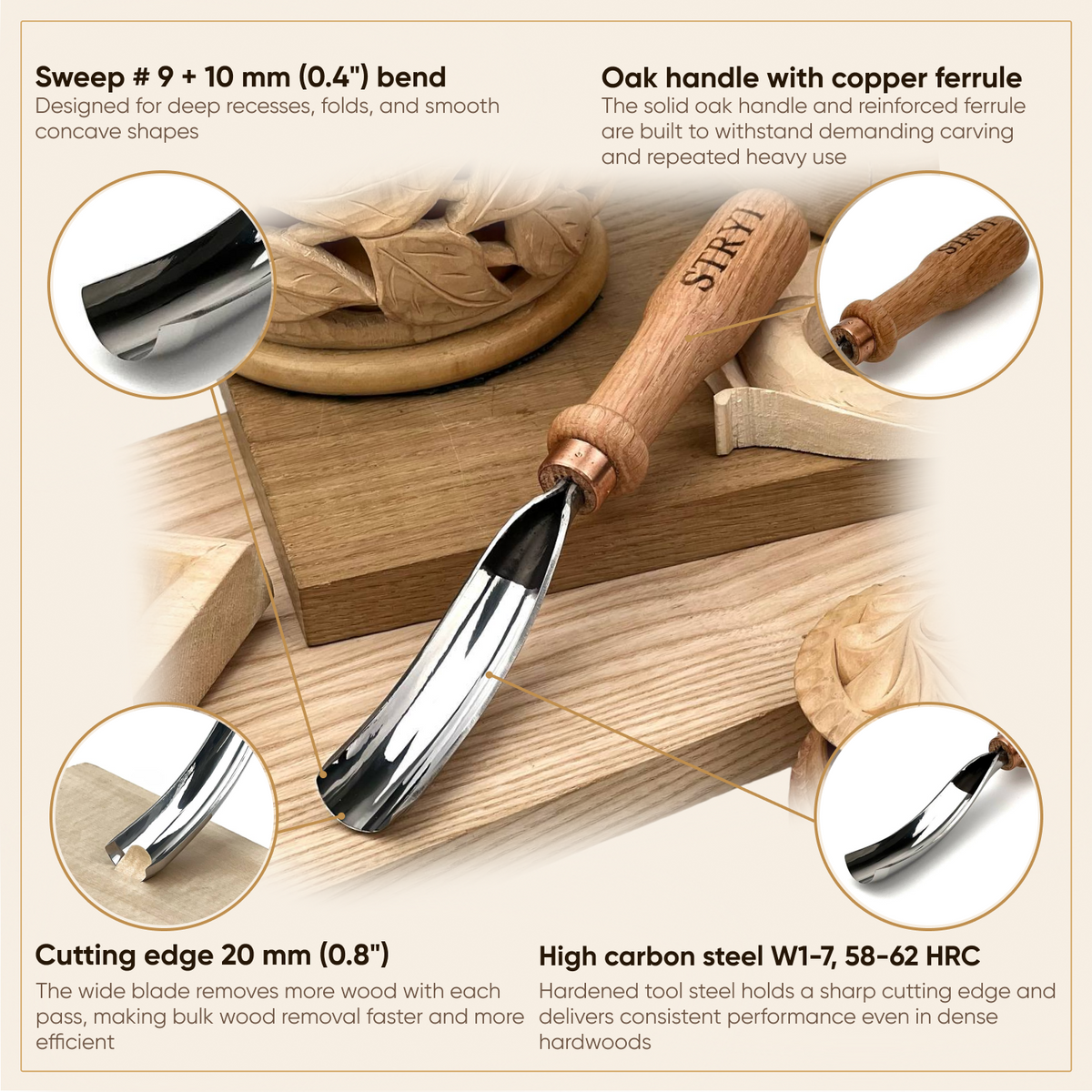 Bent Gouge Chisel, Sweep #9, STRYI Profi — for Relief and Bowl Carving