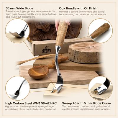 Scoop Chisel, Sweep #5, Deep Carving Large Gouge Profi — for Relief and Bowl Carving, Spoon Knife Making