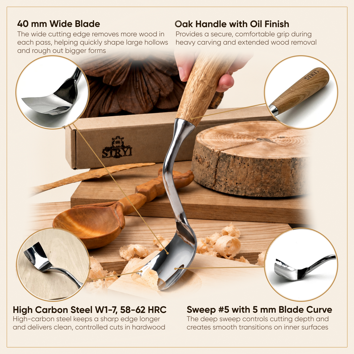 Scoop Chisel, Sweep #5, Deep Carving Large Gouge Profi — for Relief and Bowl Carving, Spoon Knife Making
