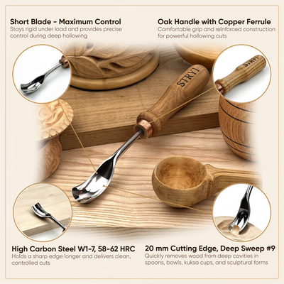 Curved Wood Chisel, Sweep #9, Short Bent Gouge — for Relief and Bowl Carving, Spoon Knife Making