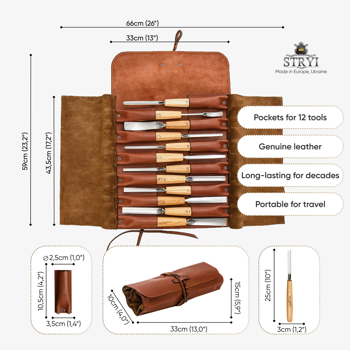Genuine Leather Storage Roll-case  personalizated for storage carving tools, Gift for carver