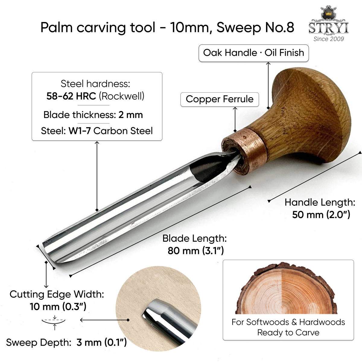 Palm carving tool STRYI Profi sweep #8, Linocutting tool, block cutters, burin graver tool