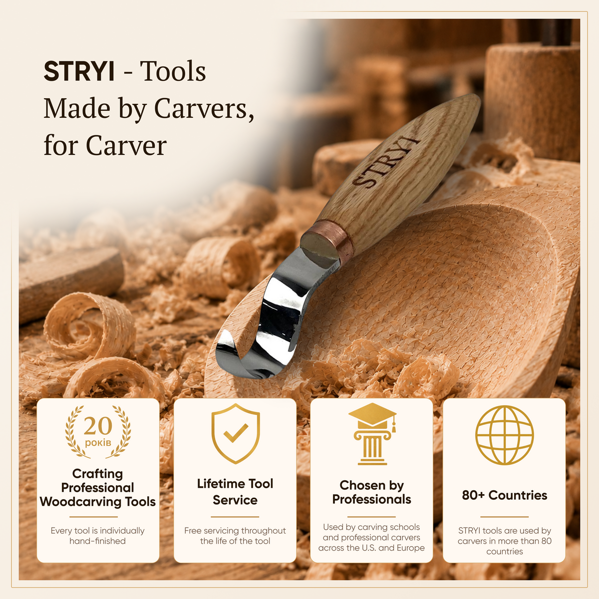 Hook Knife Wood Carving, 25mm, Hand Forged STRYI Profi — for Spoon, Bowl and Kuksa Carving