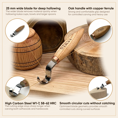 Hook Knife Wood Carving, 25mm, Hand Forged STRYI Profi — for Spoon, Bowl and Kuksa Carving