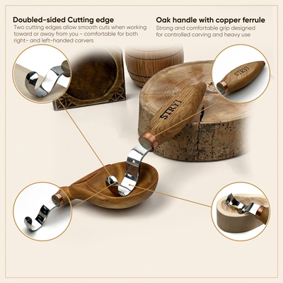 Double Bevel Hook Knife, 35mm STRYI Profi — for Spoon and Bowl Carving