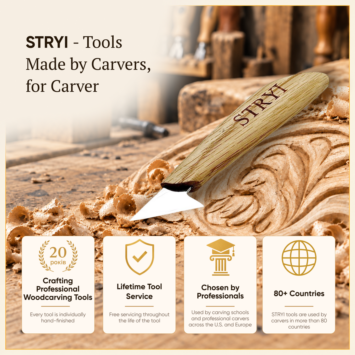 Wood Carving Knife, 35mm Blade, Relief Knife STRYI Profi — for Woodcarving
