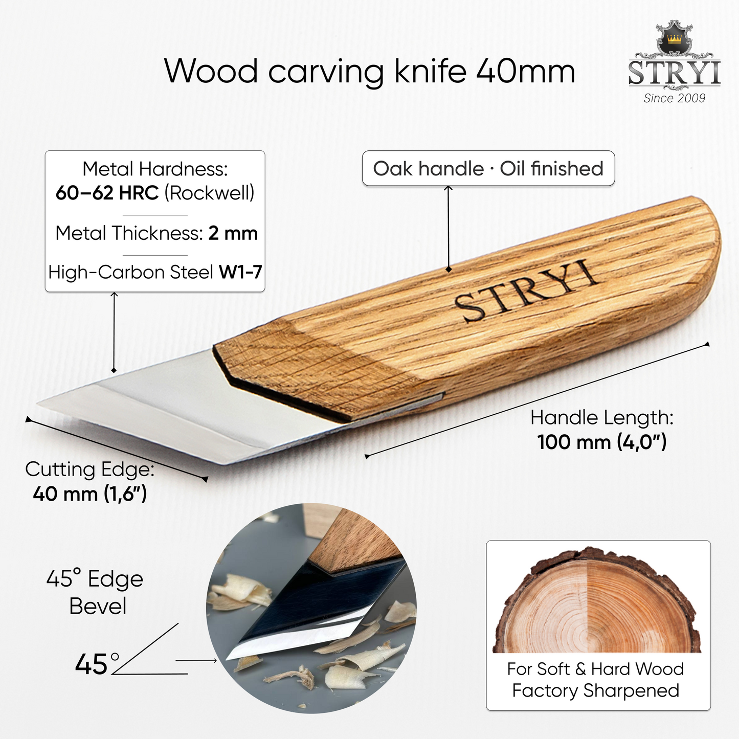 STRYI Profi 1.6 in (40mm) Skewed Carving Knife — Traditional Chip and Sculpting Tool