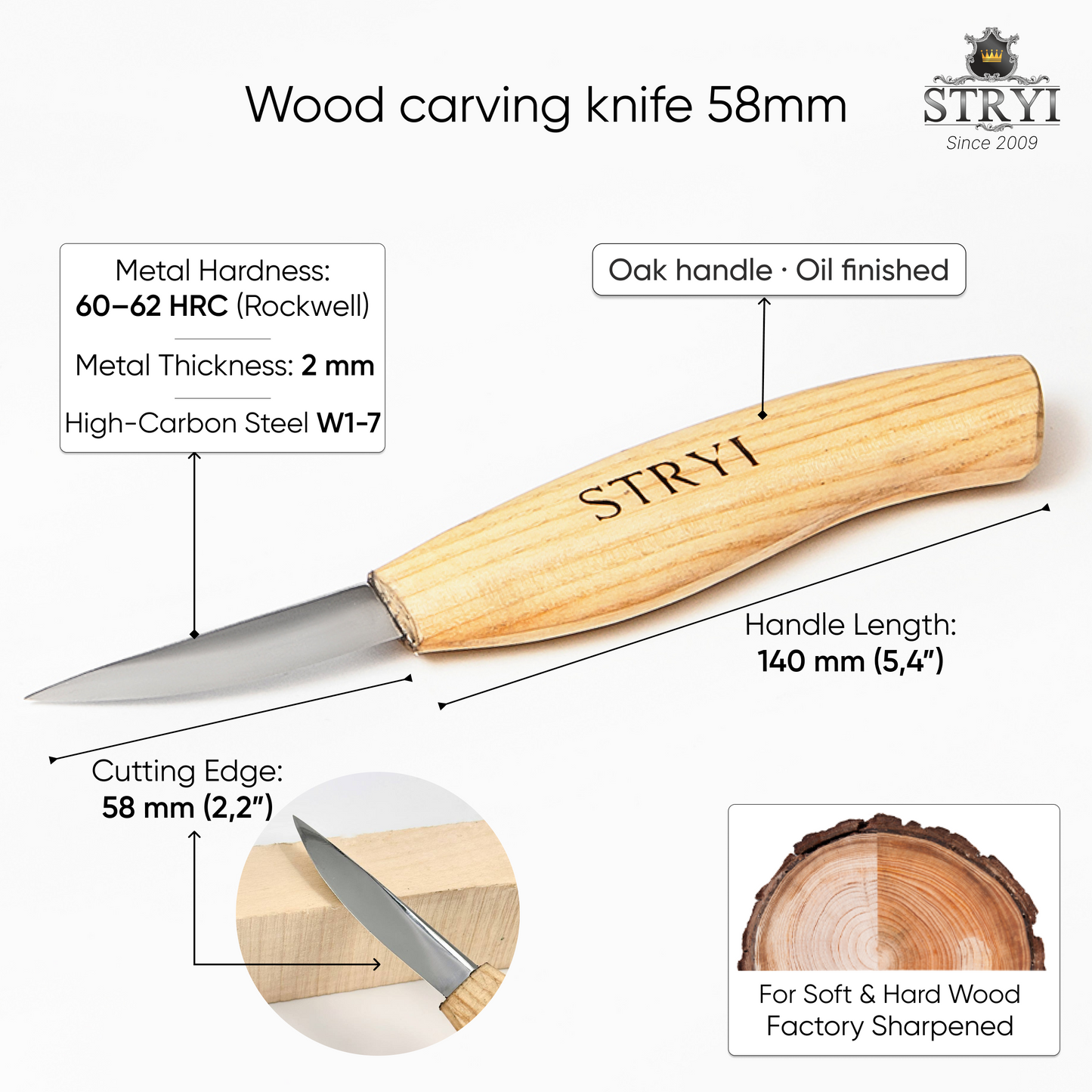 STRYI Profi 2.2 in (58mm) Sloyd Whittling Knife — Professional Figure and Detail Carving Knife