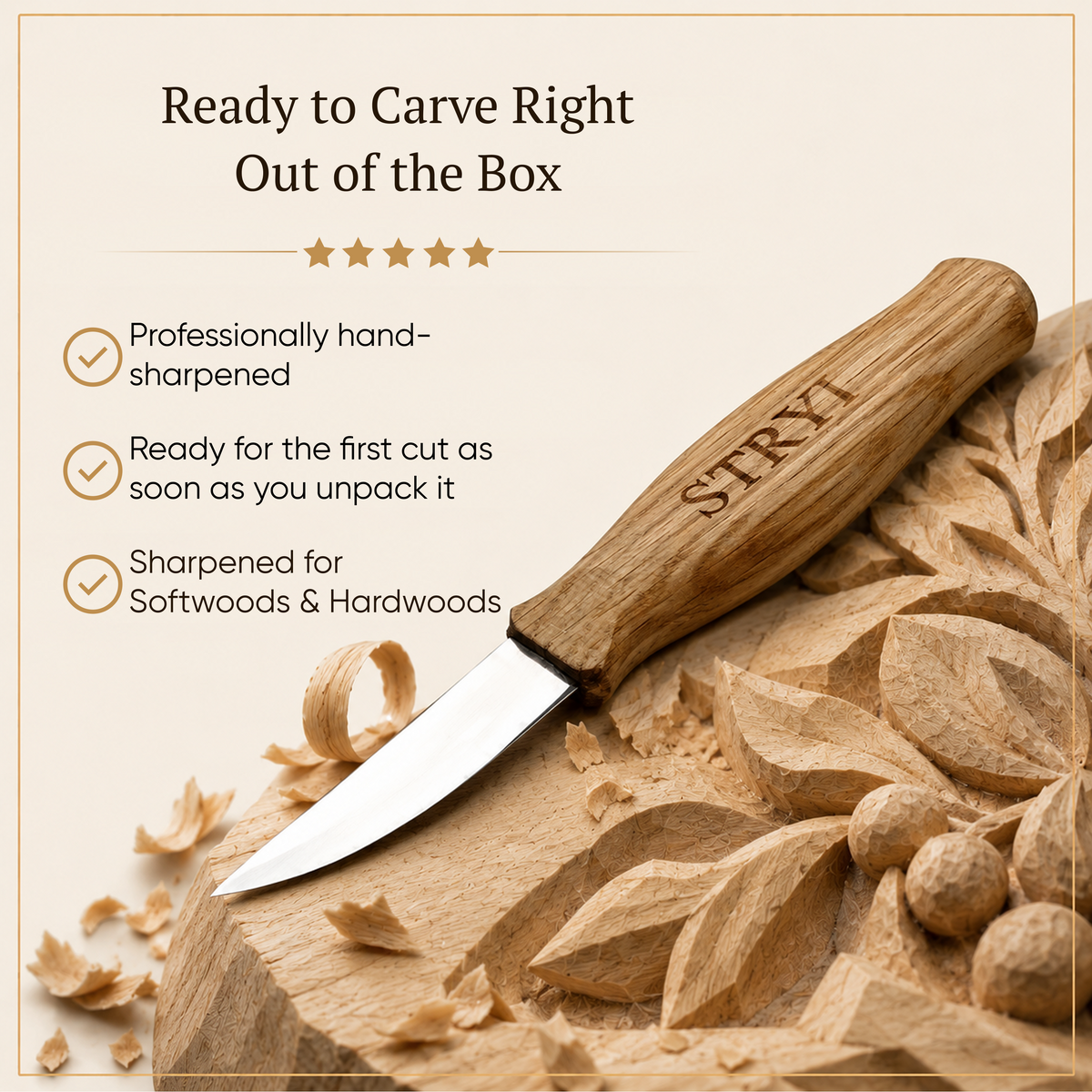 Wood Carving Knife, 80mm Blade, Sloyd Knife STRYI Profi — for Woodcarving