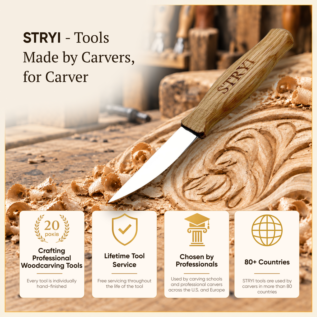 Wood Carving Knife, 80mm Blade, Sloyd Knife STRYI Profi — for Woodcarving
