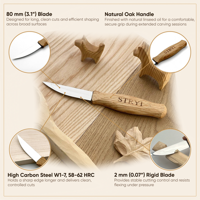 Wood Carving Knife, 80mm Blade, Sloyd Knife STRYI Profi — for Woodcarving