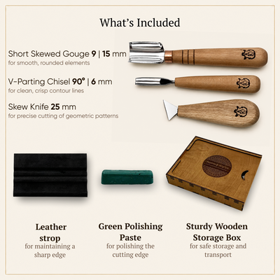 Chip Carving Kit for Beginners – 3 Tools + Sharpening Kit | STRYI