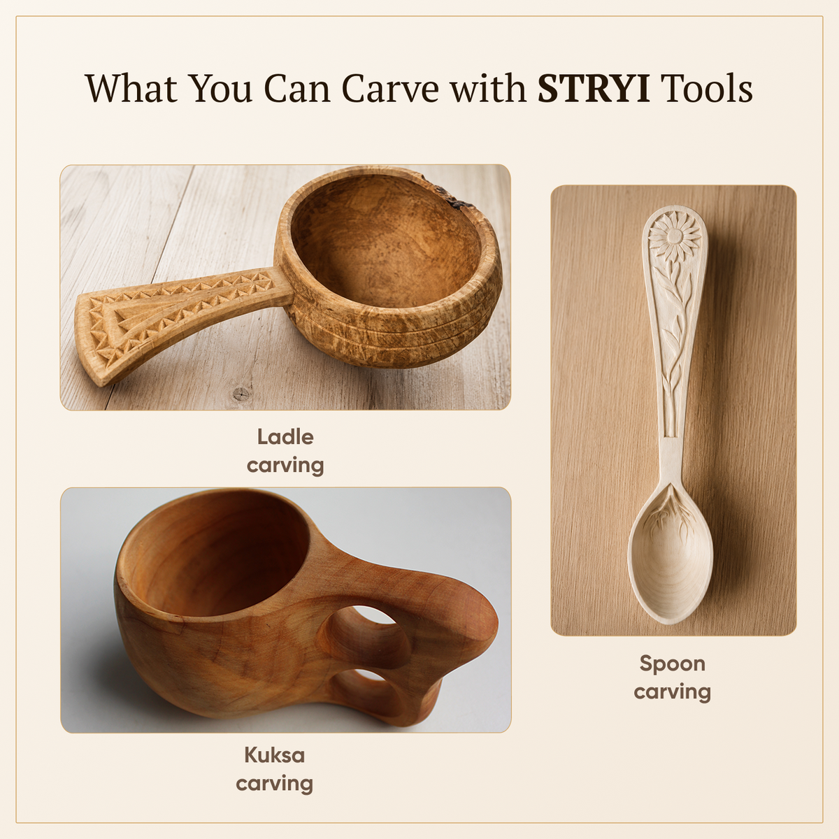Bowl carving Set: 3-Piece STRYI Profi Spoon & Kuksa Carving Set