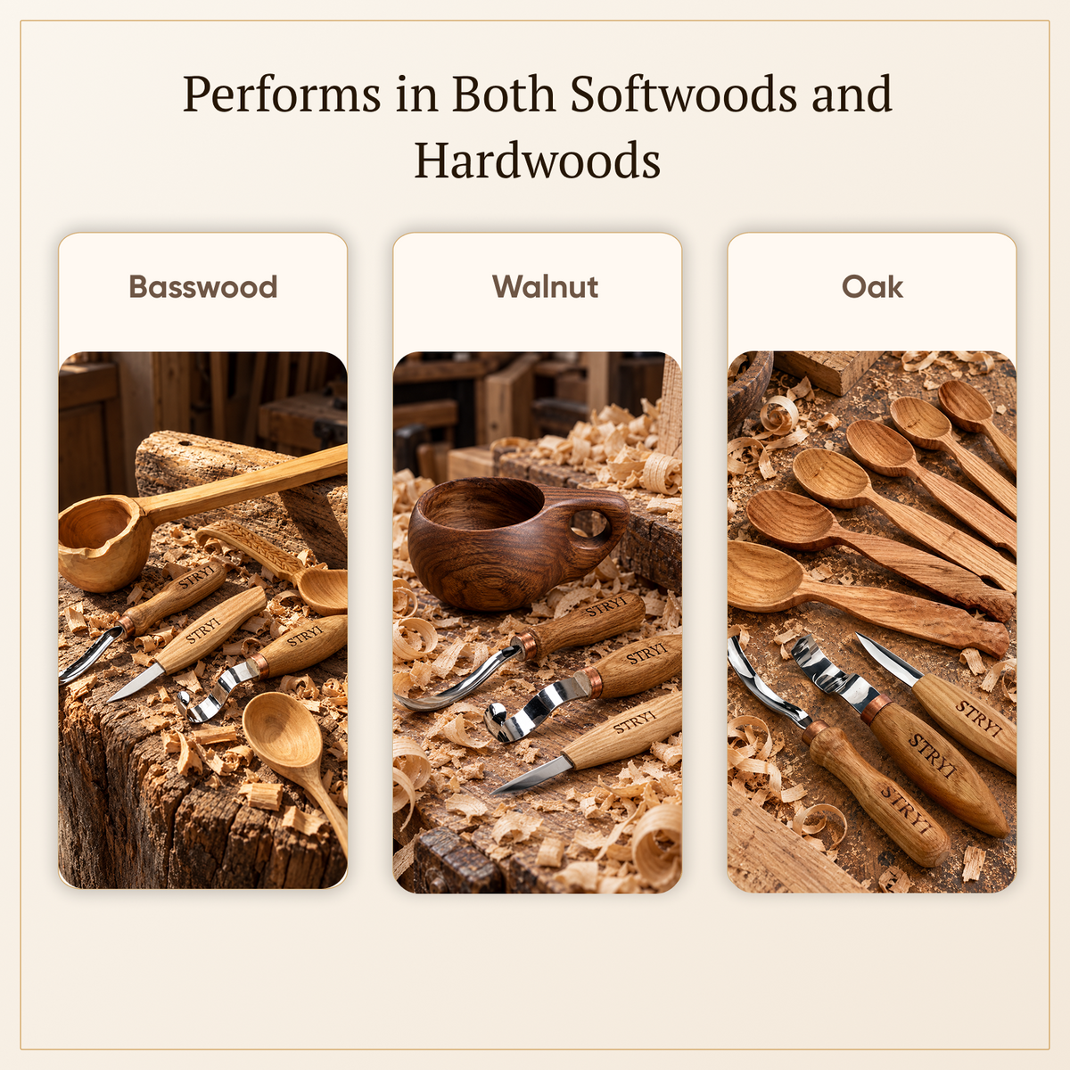 Bowl carving Set: 3-Piece STRYI Profi Spoon & Kuksa Carving Set