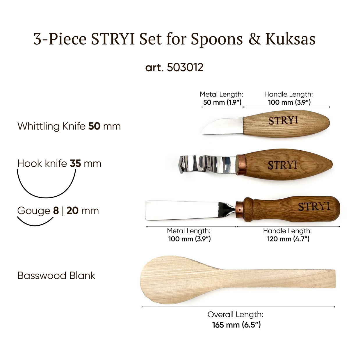 STRYI Profi 3-Piece Spoon Carving Tool Kit – Wood Carving Set for Bowls, Kuksa & Spoons with