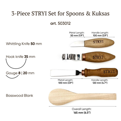 STRYI Profi 3-Piece Spoon Carving Tool Kit – Wood Carving Set for Bowls, Kuksa & Spoons with