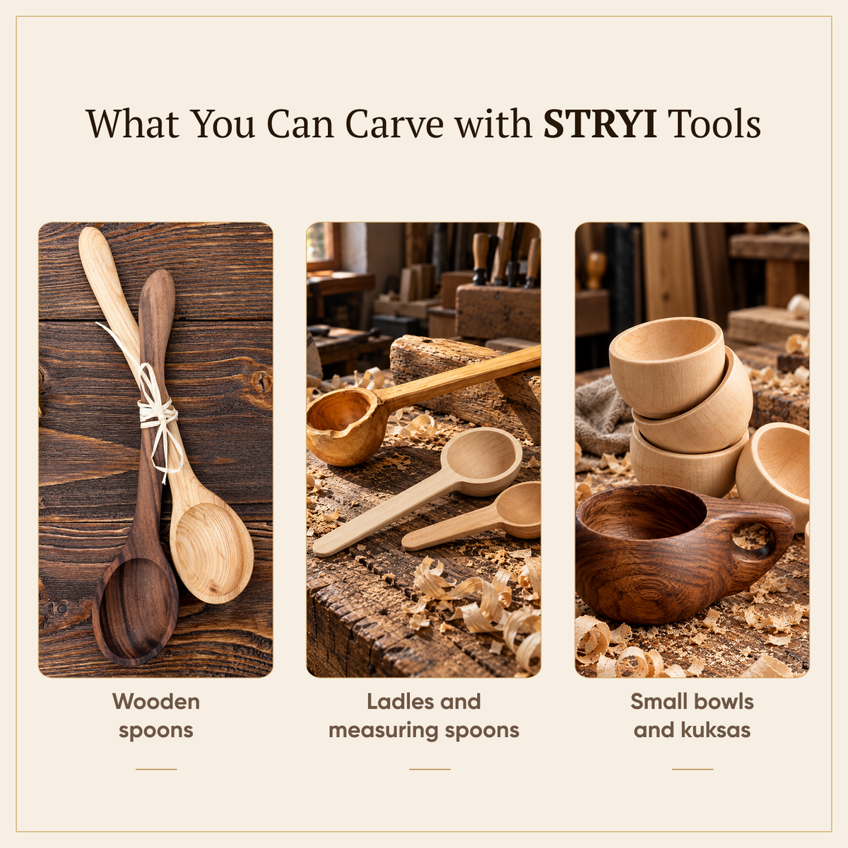 STRYI Profi 3-Piece Spoon Carving Tool Kit – Wood Carving Set for Bowls, Kuksa & Spoons with