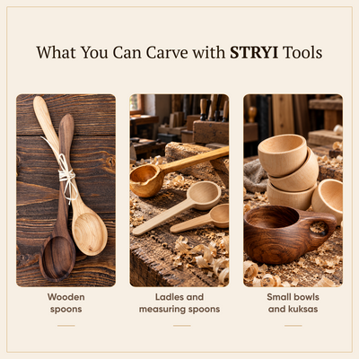 STRYI Profi 3-Piece Spoon Carving Tool Kit – Wood Carving Set for Bowls, Kuksa & Spoons with