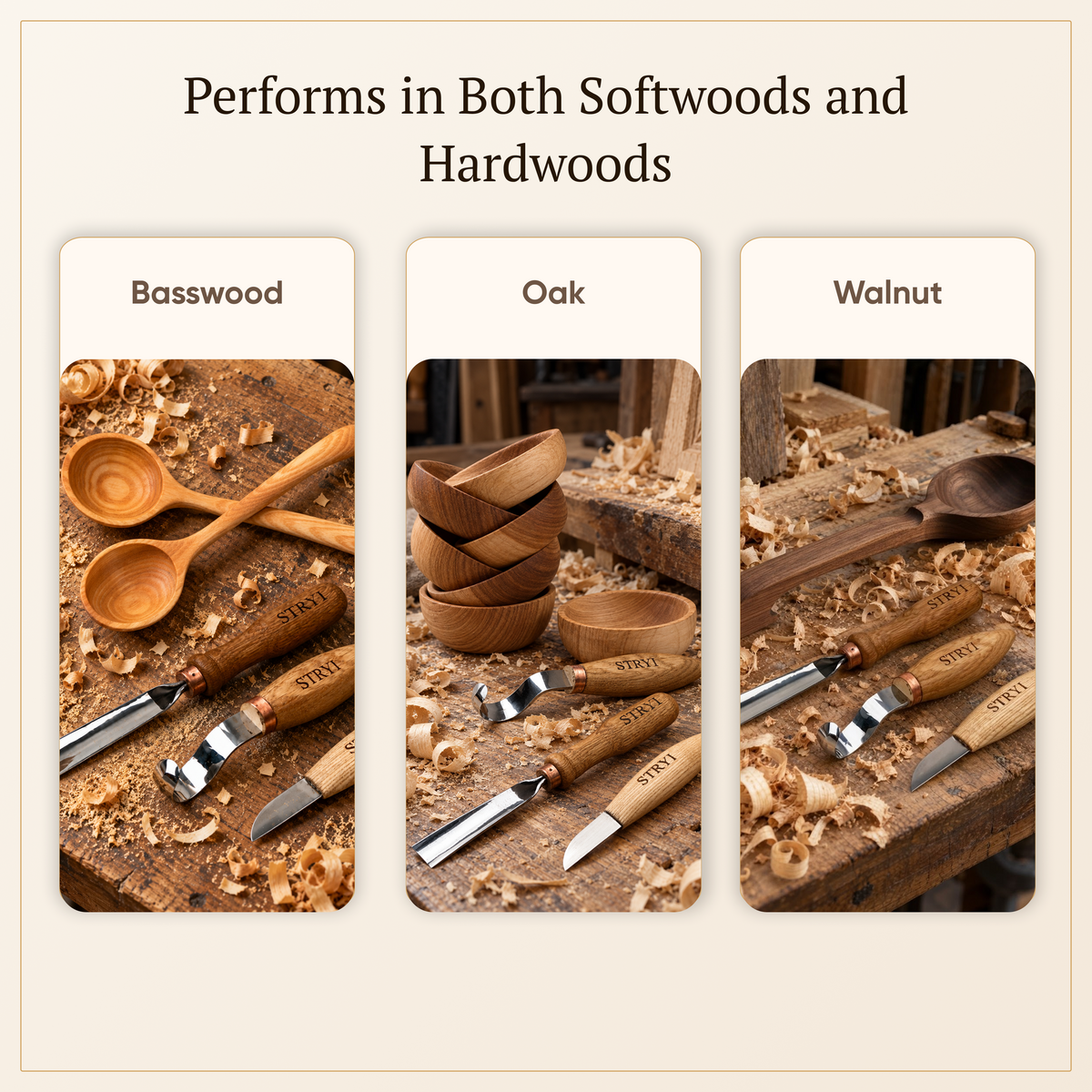 STRYI Profi 3-Piece Spoon Carving Tool Kit – Wood Carving Set for Bowls, Kuksa & Spoons with