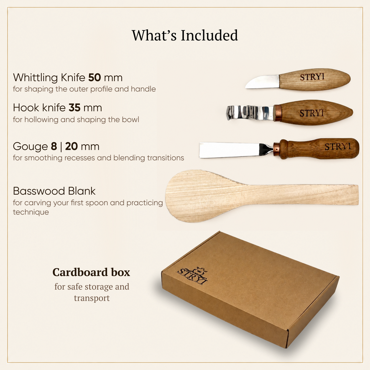 STRYI Profi 3-Piece Spoon Carving Tool Kit – Wood Carving Set for Bowls, Kuksa & Spoons with