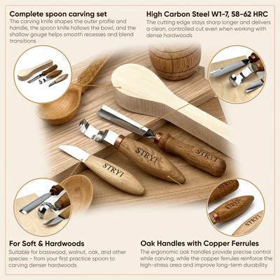 STRYI Profi 3-Piece Spoon Carving Tool Kit – Wood Carving Set for Bowls, Kuksa & Spoons with