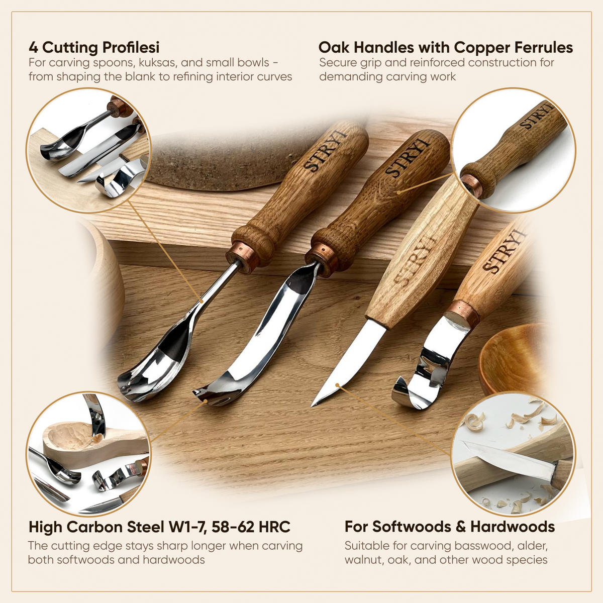Bowl & Kuksa Carving Set 4-piece All-in-one Carving Kit in Gift box