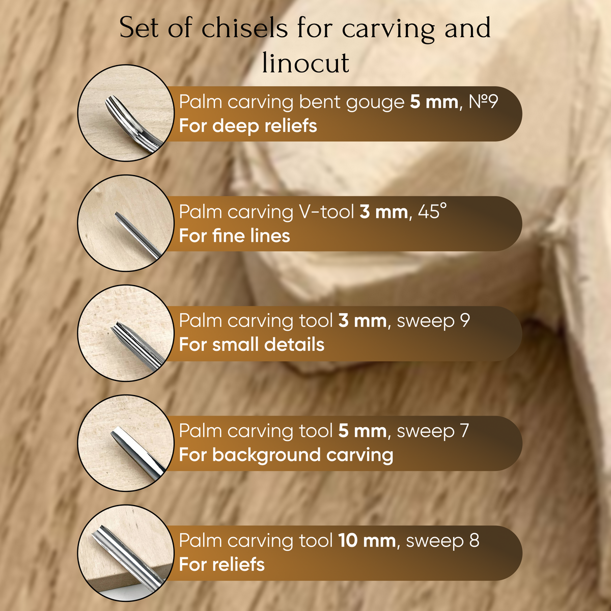 Fine Detail & Micro-Carving: 5-Piece Professional Detailed Relief Carving Palm Set