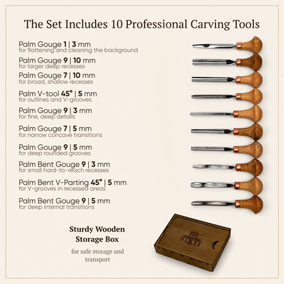 Carver’s Precision: Detailed Palm Carving and Graver Set