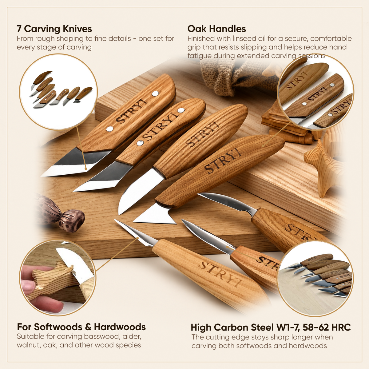 The Artisan’s: 8-Piece STRYI Profi Woodcarving Knives Set